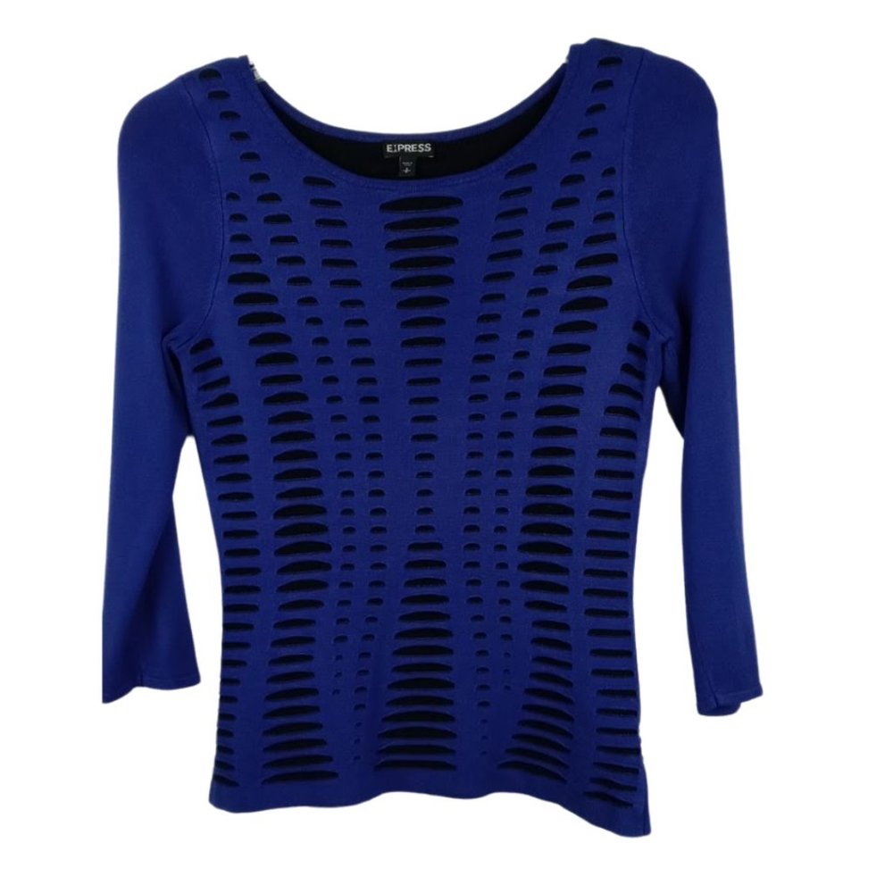 Express Blue and Black Laser Cut Crew Neck Sweater